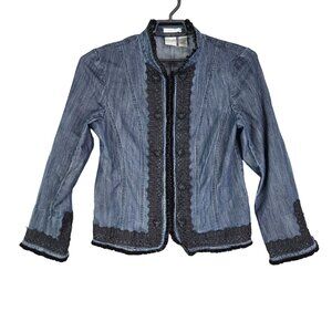 Womens Emma James Blue Denim Jacket w/ Black Lace Trim Size 10